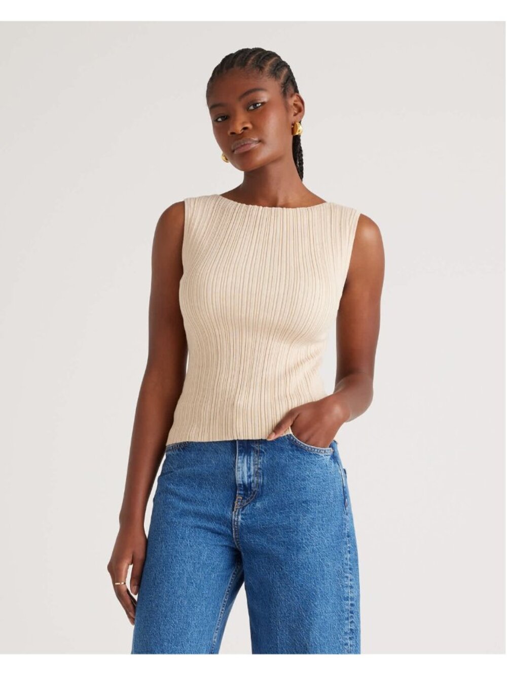 QUINCE Cotton Cashmere Ribbed Tank in Heather Oatmeal Size M